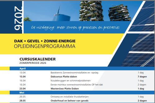 De afbeelding geeft een weergave van de cursuskalender voor de zomer van 2026 van BDA Dak- en Gevelopleidingen