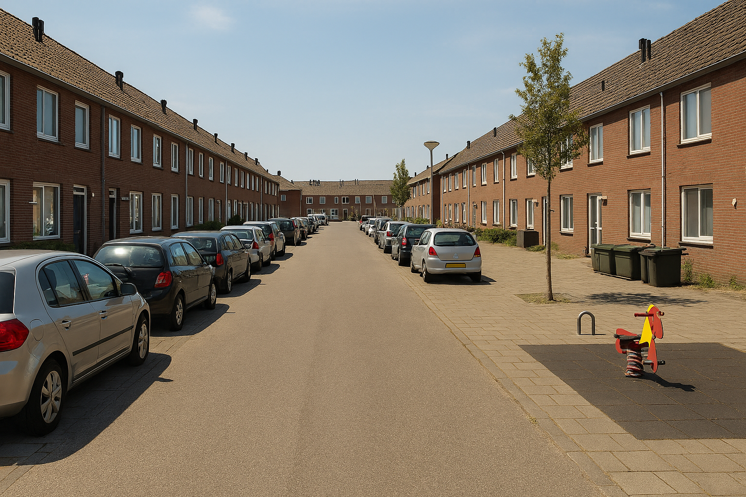 Versteende woonwijk met brede asfaltstraat, veel geparkeerde auto’s en nauwelijks groen—illustratie van hittestress en gebrek aan schaduw. - beeld: AI gegenereerd