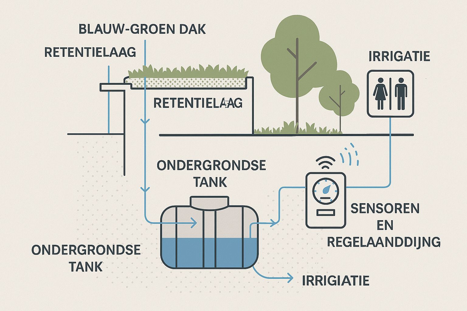 Schematische afbeelding van systemen voor opvang en beheer van water bij woningen en gebouwen