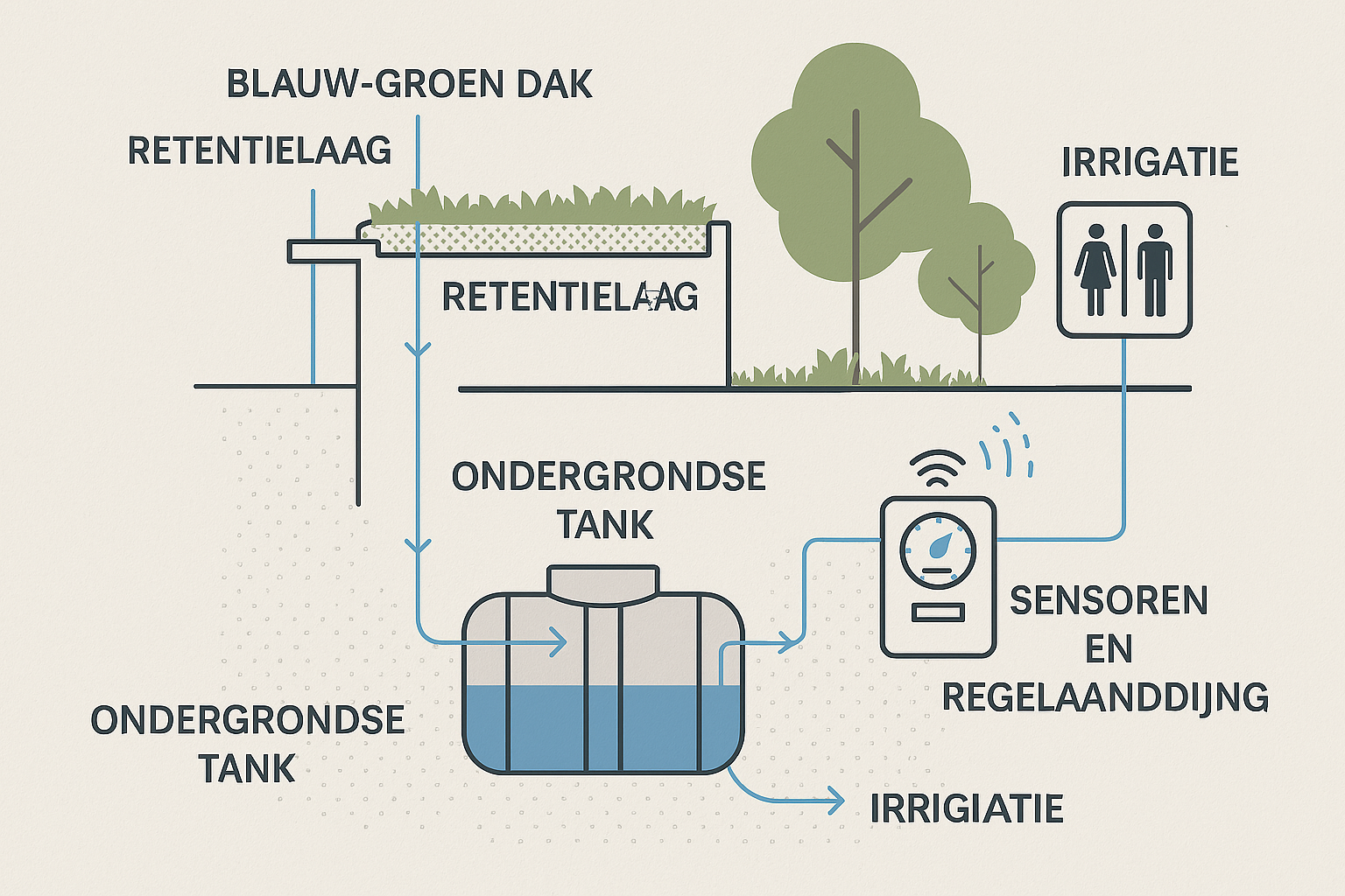 Schematisch collectief systeem voor opvang en beheer van regenwater: blauw‑groen dak met retentielaag, ondergrondse buffertank, sensoren/regelunit en leidingen naar toilet en irrigatie