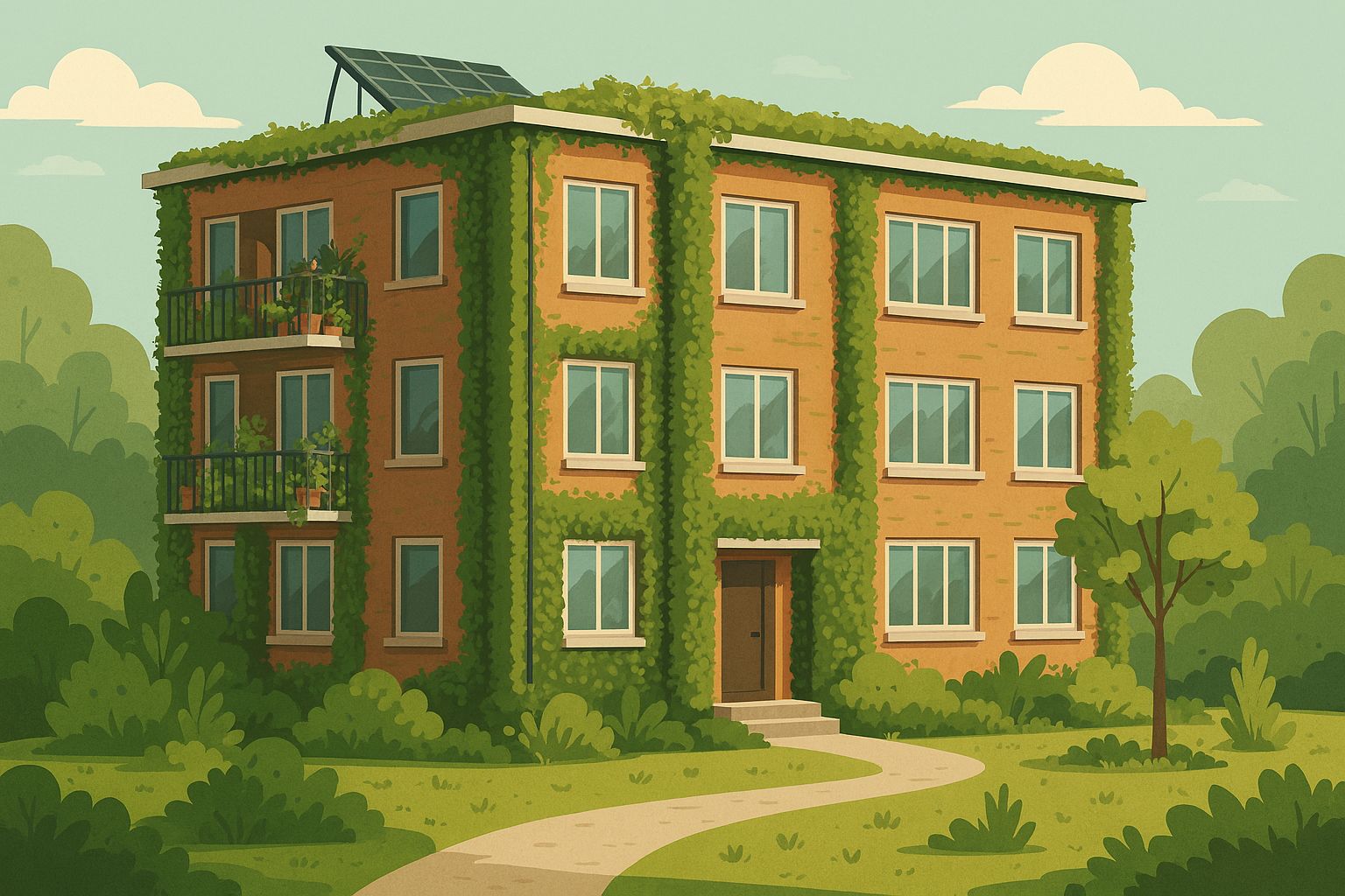 Illustratie van een naoorlogs appartementengebouw met groene gevels en vegetatie als onderdeel van de gebouwschil, passend bij het project Building Skin RE‑NATURISED.